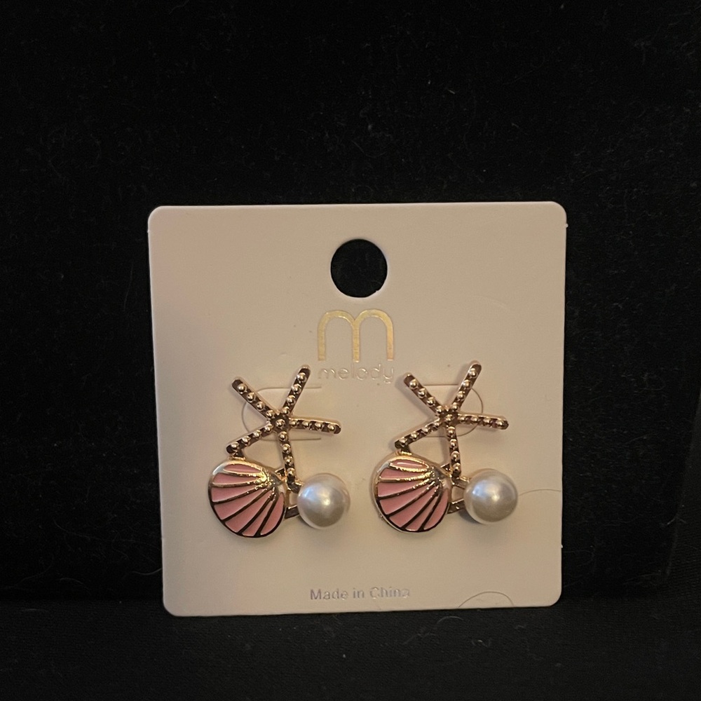 Gold and Pink Starfish Earrings with Pearls